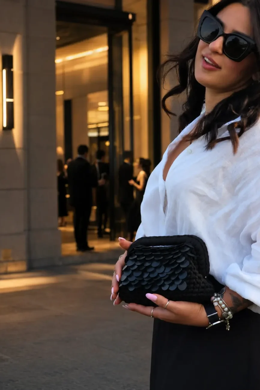 Nuit - Borsa in fettuccia con paillettes realizzata a mano